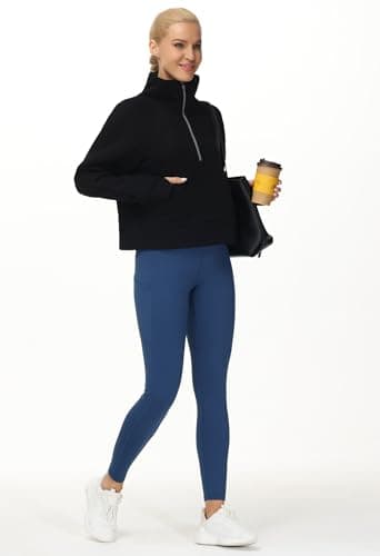 Women's Half Zip Pullover Sweatshirt Fleece Stand Collar Crop Sweatshirt with Pockets Thumb Hole Black - Image 6