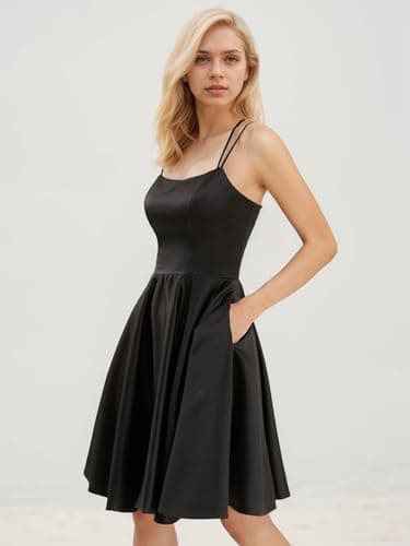 GOOSPRAN Homecoming Dresses for Teens Knee Length Spaghetti Strap with Pockets Satin Backless Prom Dress Black 4 - Image 8