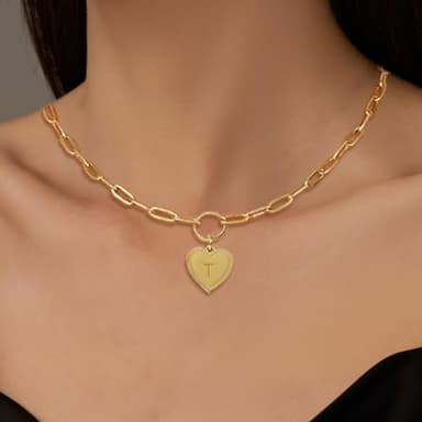 PopTopping Gold T Initial Necklace Heart Initial Pendant Necklaces Letter Choker Necklace For Women - Image 2