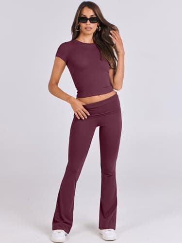 ANRABESS Lounge Sets for Women 2 Piece Foldover Yoga Flare Leggings Pants Crop Tops Casual Y2K Outfits Matching Tracksuit Set Burgundy XX-Large - Image 7