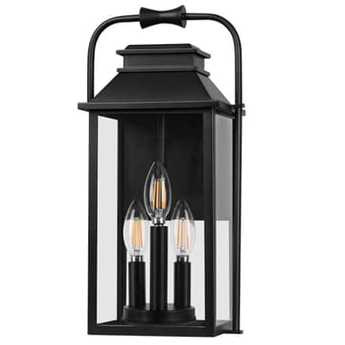 [Upgraded]PARTPHONER Outdoor & Indoor Light Fixture, 3-Lights Front Porch Light Fixtures with E12 Sockets & Glass Shade Anti-Rust Waterproof Black Wall Mount Lantern Sconce for House Gate Garage Patio - Image 2