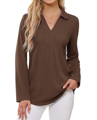 Ladies Tops and Blouses, Polo Shirts for Women Cute Tops Business Casual Outfits Office Wear Work Attire V Neck Going Out Basic Shirt Clothes 2024 Fashion Fancy Evening Coffee L - Image 1