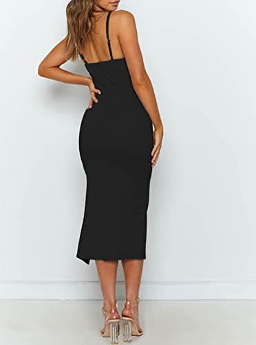 OWIN Womens Midi Dress Formal with Slit Spaghetti Strap Backless Bodycon Party Dress Black M - Image 4