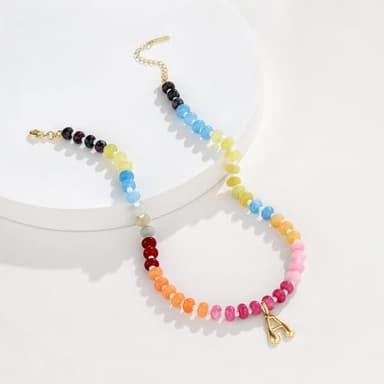 KissYan Initial Necklaces for Women, Colorful Beaded Gemstone Choker 14K Gold Bubble Letter Pendant Necklace Natural Stone Summer Beach Handmade Jewelry Gift(C) - Image 5