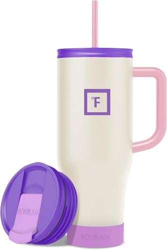 IRON °FLASK Co-Pilot Insulated Mug w/Boot, Straw & Flip Cap Lids - Cup Holder Bottle for Hot, Cold Drink - Leak-Proof - Water, Coffee Portable Travel Mug - Cream & Berries, 40 Oz - Image 1