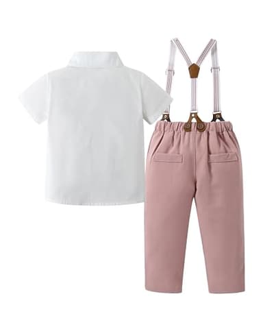 YALLET Toddler Baby Boy Clothes Suit Gentleman Wedding Outfits, Formal Dress Shirt+Bowtie+Suspender Pants(Pink, 3-4T) - Image 2