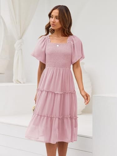 LILLUSORY Women Dresses Spring Summer 2025 Midi Graduation Bridal Baby Shower Casual Flowy Boho Sun Sundress Trendy Brunch Cute Ladies Vacation Beach Fashion Smocked Teacher Clothes Outfits Pink S - Image 3