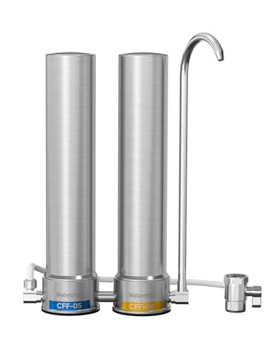 [Silver ions] Waterdrop Dual-Stage Countertop Water Filter System, Reduce Chlorine, PFOA/PFOS, Bad Taste & Odor, Silver Ions Enhanced Filtration, Stainless Steel, WD-CTF-09(2 Filter) - Image 1