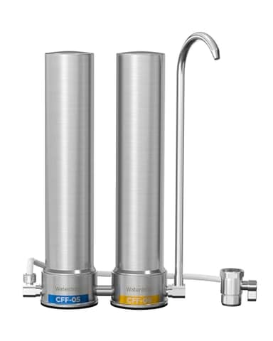 [Silver ions] Waterdrop Dual-Stage Countertop Water Filter System, Reduce Chlorine, PFOA/PFOS, Bad Taste & Odor, Silver Ions Enhanced Filtration, Stainless Steel, WD-CTF-09(2 Filter) - Image 1