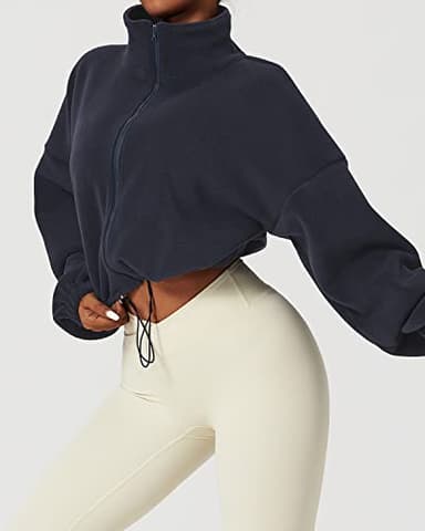 QINSEN Women's Full Zip Fleece Jacket Stand Collar Winter Warm Cropped Outwear Baggy Sherpa Short Coat Navy M - Image 5