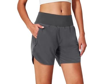 Womens Running Shorts Zipper Pockets High Waisted Quick Dry Athletic Workout Shorts with Liner Dark Grey - Image 2