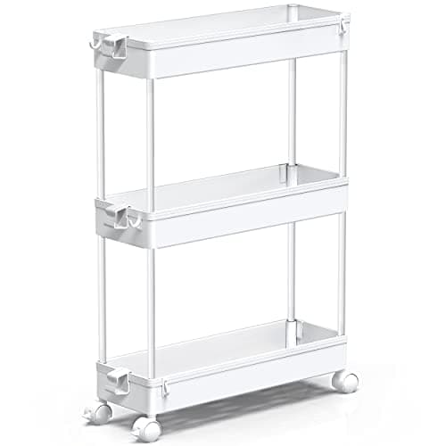SPACEKEEPER Slim Rolling Storage Cart, 3 Tier Bathroom Storage Organizer Laundry Room Utility Cart Mobile Shelving Unit, Multi-Purpose for Kitchen Office Bathroom Laundry Narrow Places, White - Image 1