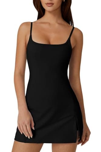 QINSEN Women Workout Tennis Dress with Built-in Shorts Spaghetti Strap Low Back Active Mini Dresses Black S - Image 1
