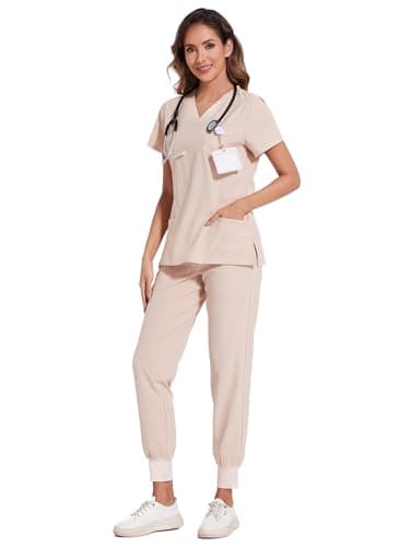 COZYFIT Scrubs for Women Set - Stretch V-Neck Scrub Top & Jogger Pant with 8 Pockets, Yoga Waistband, Anti Wrinkle, Slim Fit Women Scrubs - Light Khaki, 4XL, Tall - Image 3