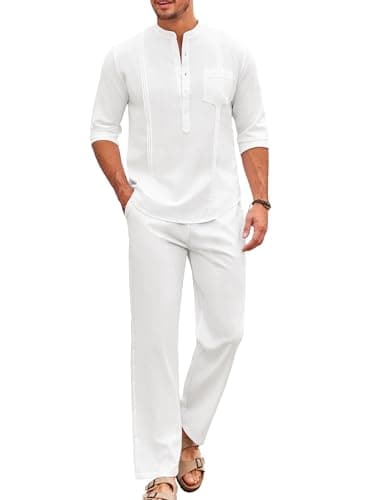 COOFANDY Men's White Linen Pants and Shirt Set Casual Beach Yoga Outfits 2 Piece Cotton Linen Henley Shirts Loose Pants Sets - Image 1