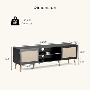 ZttRiee TV Stand for TVs up to 65'', Entertainment Center with Rattan Door, Shelves & 2 Cabinets, Boho Media TV Console for Living Room, Bedroom, Black - Image 2