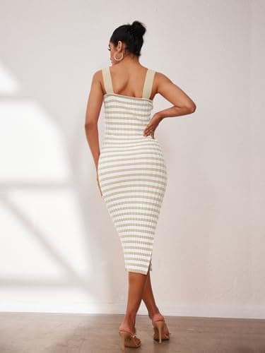 MEROKEETY Women's 2025 Summer Bodycon Midi Dress Vacation Sleeveless Ribbed Knit Striped Sweater Dresses, Apricot, XS - Image 7