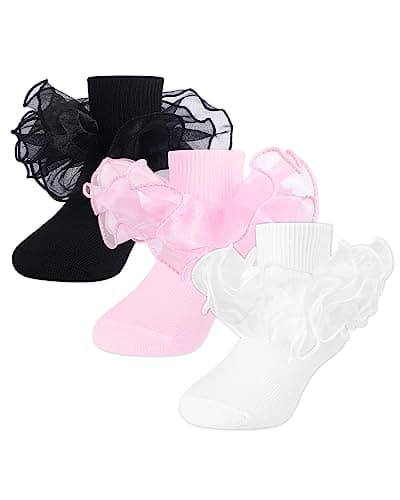 Witwot Toddler Girl Socks with Ruffle Dress Socks 5-7 Years Black-Pink-White - Image 1