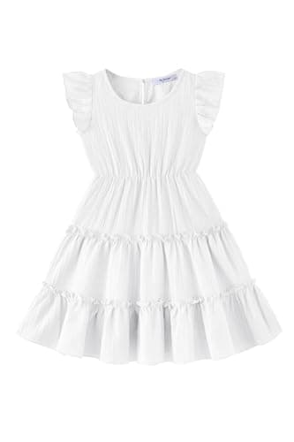 Arshiner Toddler Girls White Dress Ruffle Sleeveless Tiered Swing Twirly Dresses Cute Summer Beach Sundress Size 5-6 - Image 1