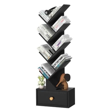 SHEEPAM 8 Tier Tree Bookshelf with Drawer, Free Standing Wood Bookcase for Living Room, Bedroom, Home Office, Space Saving Storage Organizer Bookshelves for Books, CDs, Vinyl Records- Black - Image 9