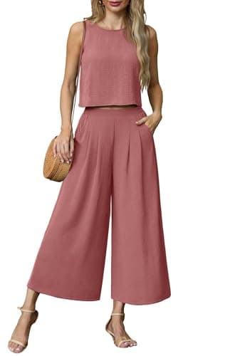 Lepunuo Womens Summer 2 Piece Outfits Sleeveless Crop Top Flowy Wide Leg Pants Matching Sets Vacation Beach Travel Outfits - Image 1
