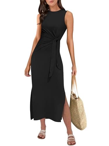 ANRABESS Womens Summer Casual Sleeveless T Shirt Midi Dress Slim Fit Tie Waist Split Tank Long Dresses 2025 Vacation Sundress Black Medium - Image 1