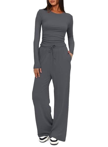Darong Womens 2 Piece Outfit Long Sleeve Pullover Tops Wide Leg Pants Set Tracksuits 9065A Grey M - Image 1