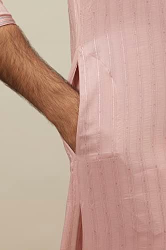 Manyavar Men Kurta Set, Full Sleeves Mandarin Collar Ethnic Kurta Pyjama Set Art Silk All Over Self Design Set 2XL CORAL - Image 4