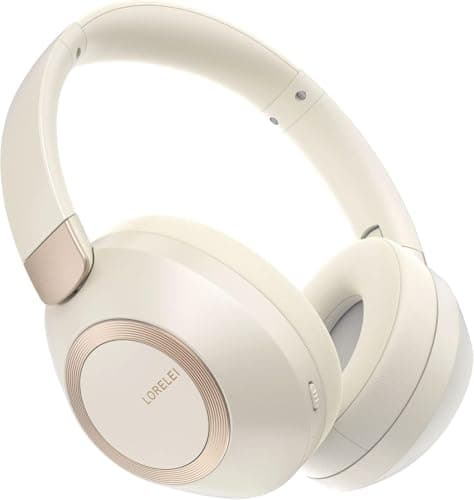 LORELEI B-C6 Wireless Over Ear Headphones, 50H Playtime Foldable Lightweight Bluetooth Headsets, Deep Bass, Built-in Microphone, Memory Foam Earmuff, for Travel, Home Office (Beige White) - Image 1