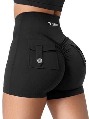 YEOREO CoreFlex Scrunch Workout Shorts with Pockets Charm Gym Biker Shorts for Women High Waisted Booty Yoga Black - Image 1