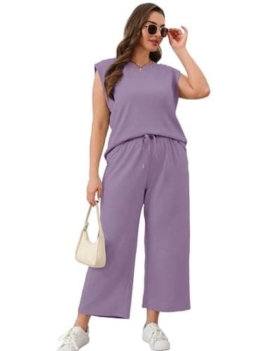 Sampeel Womens Two Piece Sets Loungewear Set Travel Airport Vacation Outfits Trendy Cruise Outfits 2025 Wide Leg Crop Pants Sets Purple L - Image 4