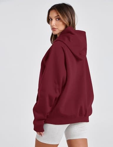 Lauweion Women Solid Basic Fleece Letter Loose Hoodie Sweatshirt Long Sleeve Kangaroo Pocket Drop Shoulder Pullovers Top Burgundy - Image 5