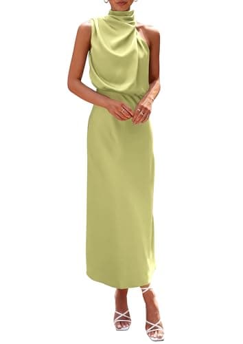 PRETTYGARDEN Women's 2025 Summer Satin Dress Elegant Sleeveless Mock Neck Cocktail Party Maxi Dresses (Tender Green,Large) - Image 1
