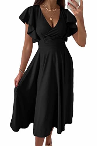 PRETTYGARDEN Summer Midi Dress 2025 Spring Ruffle Sleeve V Neck Cocktail Wedding Guest A Line Fit and Flared Dresses (Black,Small) - Image 1