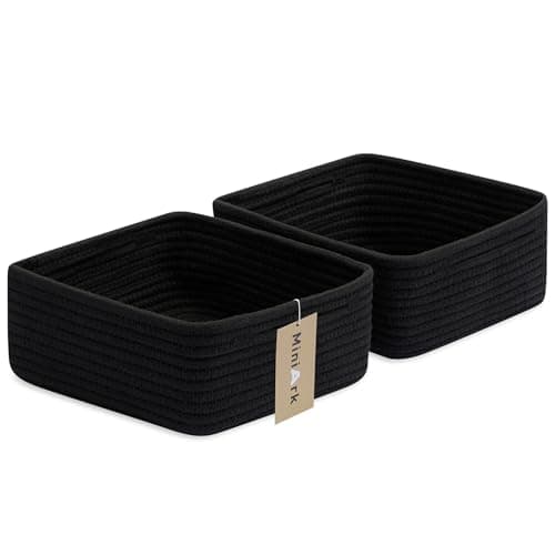 MiniArk Small Square Shallow Baskets for Organizing, 9.7x9.7x4.3 Inch Rope Woven Storage Bins for Cubes Closet, Shelves Storage, Boho Decorative Basket, 2 Packs Black - Image 1