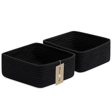 MiniArk Small Square Shallow Baskets for Organizing, 9.7x9.7x4.3 Inch Rope Woven Storage Bins for Cubes Closet, Shelves Storage, Boho Decorative Basket, 2 Packs Black - Image 1