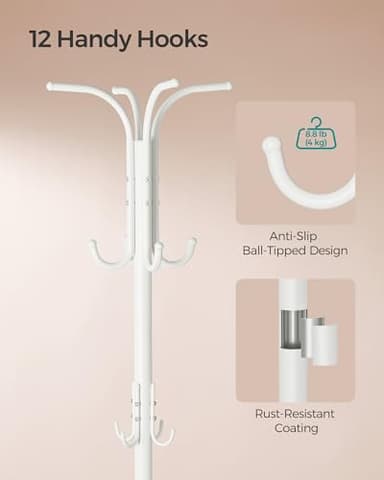 SONGMICS Coat Rack Freestanding, Coat Rack with Umbrella Holder with 12 Hooks, for Entryway, Hallway, Living Room, Bedroom, Pearl White URCR011W01 - Image 5