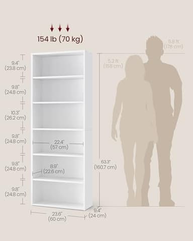 VASAGLE CUSTOS Collection - Bookshelf, 6-Tier Bookcase, Book Shelf, Open Storage Shelf, 9.4 x 23.6 x 63.3 Inches, for Living Room, Home Office, Dinning Room, Cloud White ULBC166T14 - Image 3