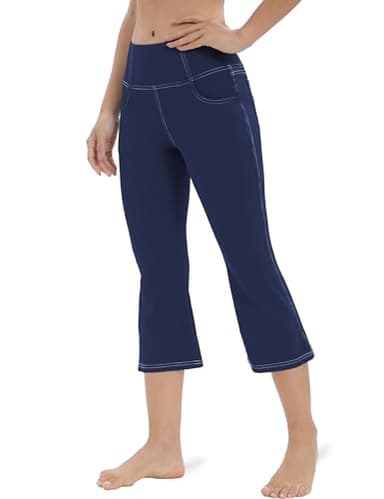 VOOVEEYA Women's Bootcut Leggings - Bootleg Yoga Pants Flare with 4 Pockets,Tummy Control High Waisted Casual Dress Pants（Capri Bootcut-Navy Blue-M） - Image 2