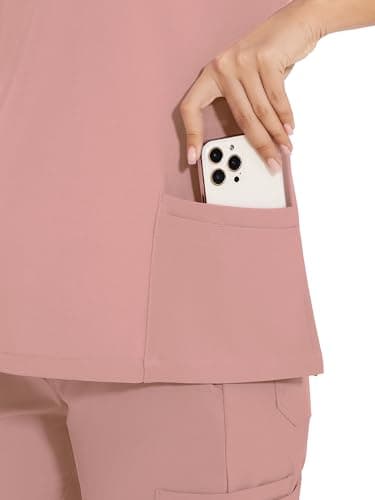 COZYFIT Scrubs for Women - V-Neck Top & Cargo Pants Scrubs Set with 10 Pockets - Pink, S, Tall - Image 5