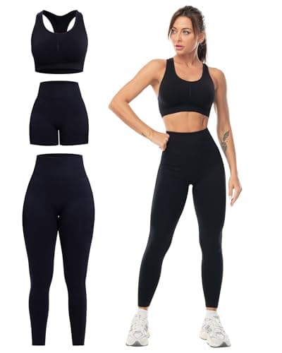 SALSPOR 3 Piece Workout Sets for Women Butt Lifting Leggings with High Impact Sports Bra Gym Shorts Activewear Matching Set(3DWX-Black-L) - Image 1