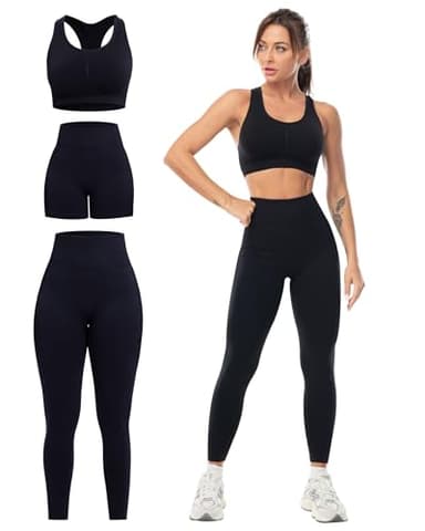 SALSPOR 3 Piece Workout Sets for Women Butt Lifting Leggings with High Impact Sports Bra Gym Shorts Activewear Matching Set(3DWX-Black-L) - Image 1