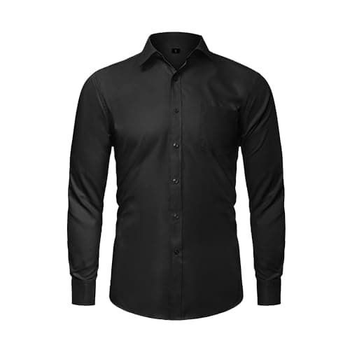 LUPURTY Black Button Up Shirt for Men, Regular Fit Stretch Formal Business Casual Long Sleeve Shirt with Pocket, Black - Image 1