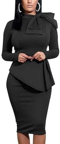 Women's Peplum Bodycon Long Sleeve Wear to Work Dresses Bow Party Club Ruffle Formal Cocktail Pencil Dress - Image 3