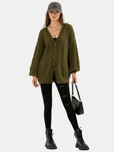 EXLURA Womens 2025 Oversized Cardigan Sweaters Fall Winter Lightweight Soft Knit Cardigan Open Front Button Outwear Coats Army Green - Image 5