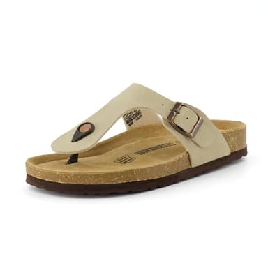 CUSHIONAIRE Leah Thong Womens Sandals - Cork Footbed Flip Flops for Women 2025 with Memory Foam and Adjustable Buckle Strap, STONE 7 - Image 1