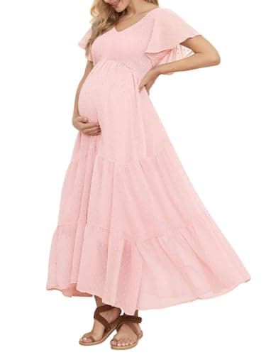 Swiss Dot Smocked Maternity Dress for Baby Shower Photoshoot Casual V Neck Ruffle Sleeve Empire Waist Tiered Boho Dress - Image 1