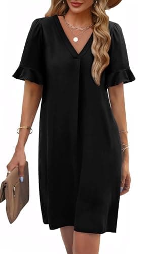 OFEEFAN Plus Size Dresses for Curvy Women Summer Short Sleeve V Neck Pleated Flowy Dresses for Women with Pockets Black 2XL - Image 2