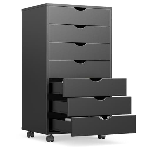 OLIXIS 7 Drawer Mobile File Cabinet Under Desk Storage Organization with Wheels Vertical Filing Chest Rolling Wood Small Desk Printer Stand for Home Office, 15.75"D x 18.74"W x 34.25"H, Black - Image 1