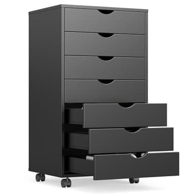 OLIXIS 7 Drawer Mobile File Cabinet Under Desk Storage Organization with Wheels Vertical Filing Chest Rolling Wood Small Desk Printer Stand for Home Office, 15.75"D x 18.74"W x 34.25"H, Black - Image 1